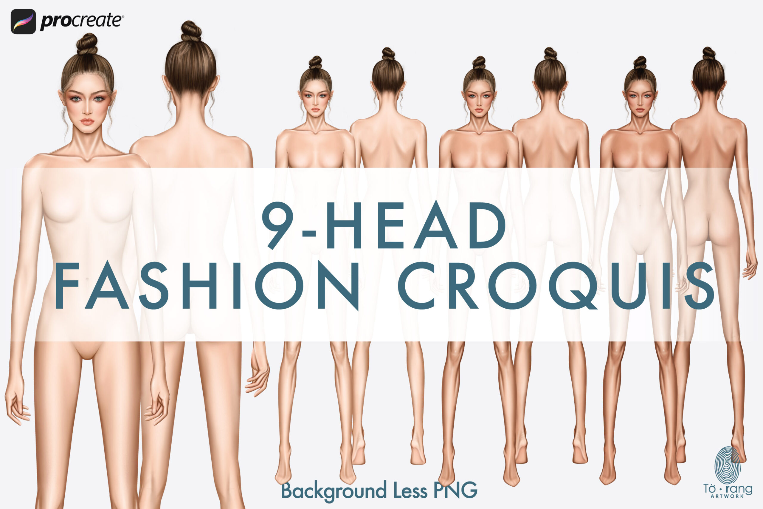 Female Fashion Croquis Templates, 9-Head Proportions, Front & Back Views, 3 Skin Tones, Bun Hairstyle