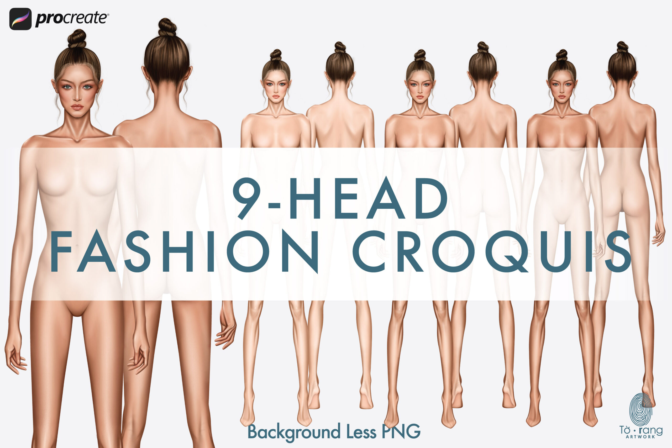 Female Fashion Croquis Templates, 9-Head Proportions, Front & Back Views, 3 Skin Tones, Bun Hairstyle - Image 3