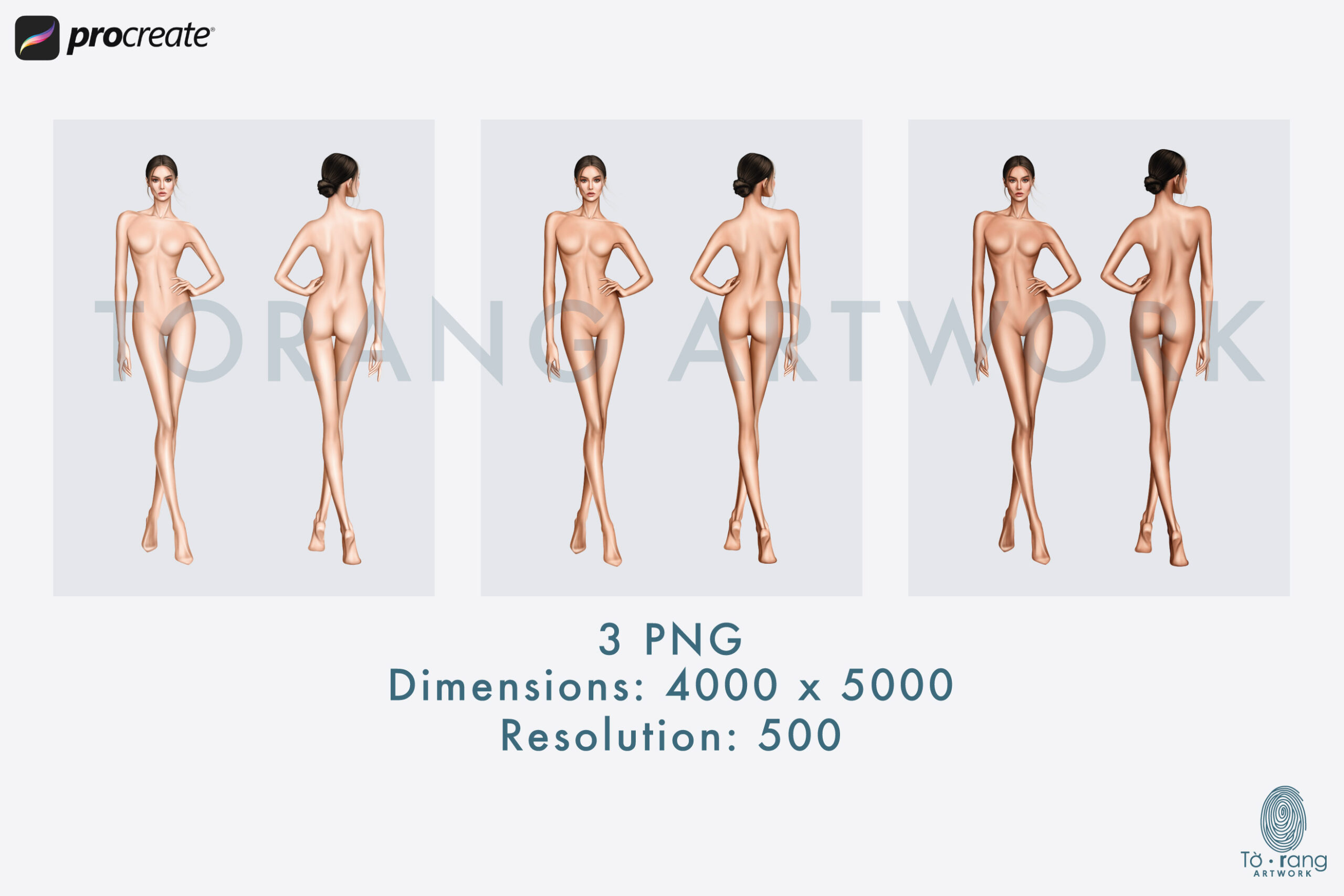 Female Fashion Figure Templates, 9-Head Proportions, Front & Back Views, 3 Skin Tones - Image 5