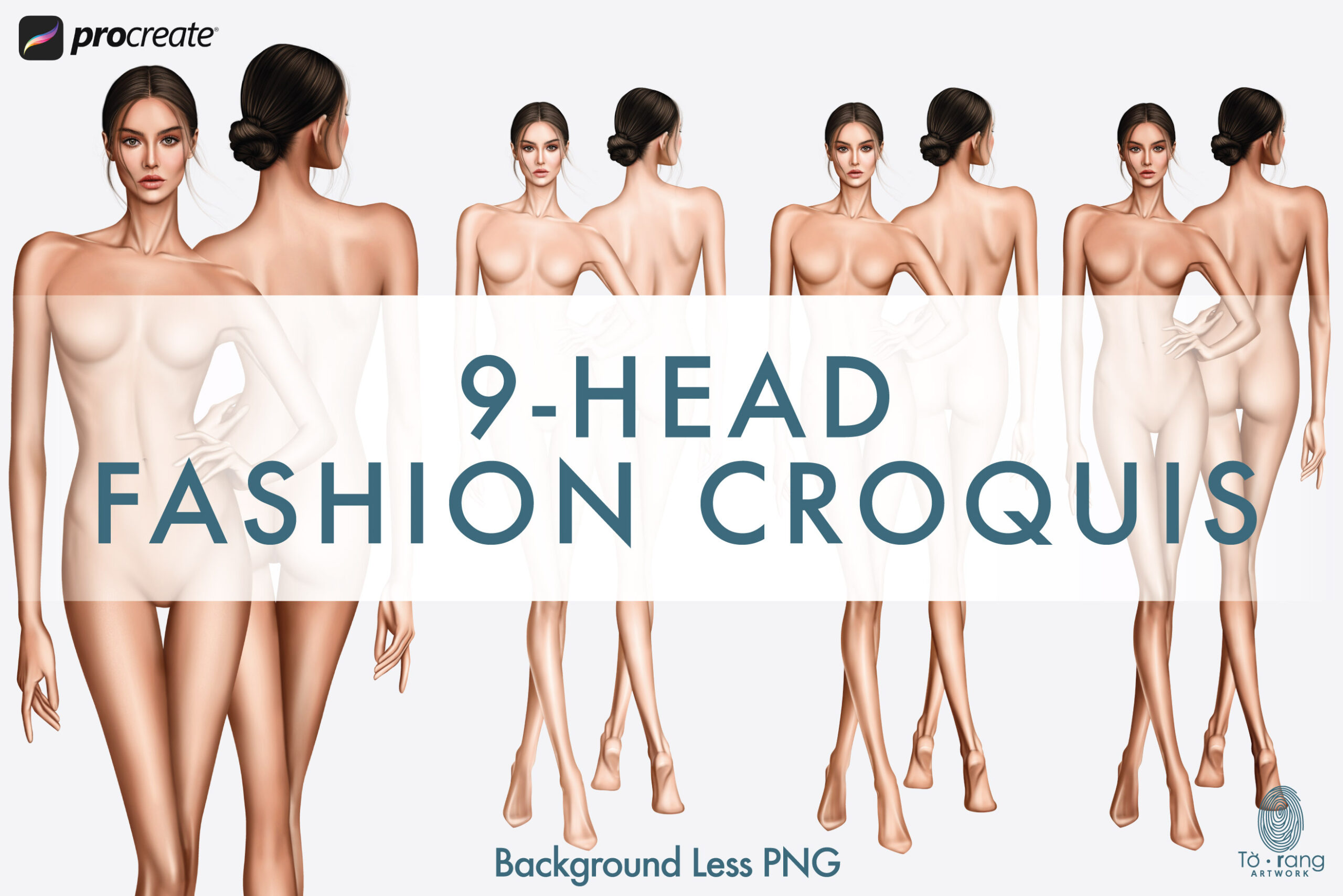 Female Fashion Figure Templates, 9-Head Proportions, Front & Back Views, 3 Skin Tones - Image 3
