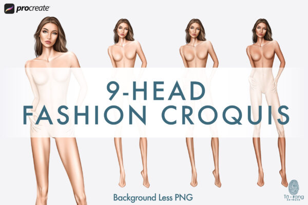 Female Fashion Figure Templates, 9-Head, 3 Different Colored Skin Tones, Hands in Pockets Pose