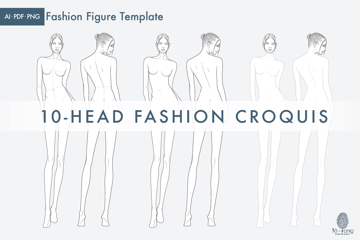 10-Head Fashion Figure Vector Template – Front & Back Views - Image 2