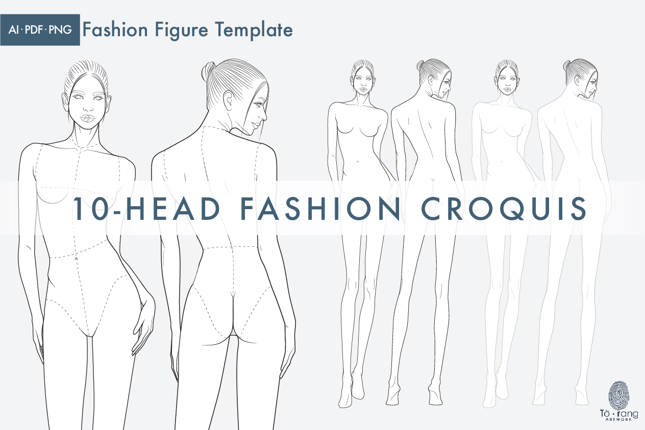 10-Head Fashion Figure Vector Template – Front & Back Views