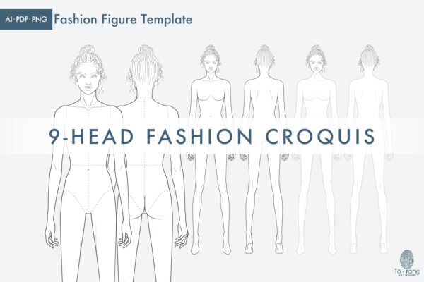 9-Head Fashion Figure Vector Template – Standing Pose – Front & Back Views
