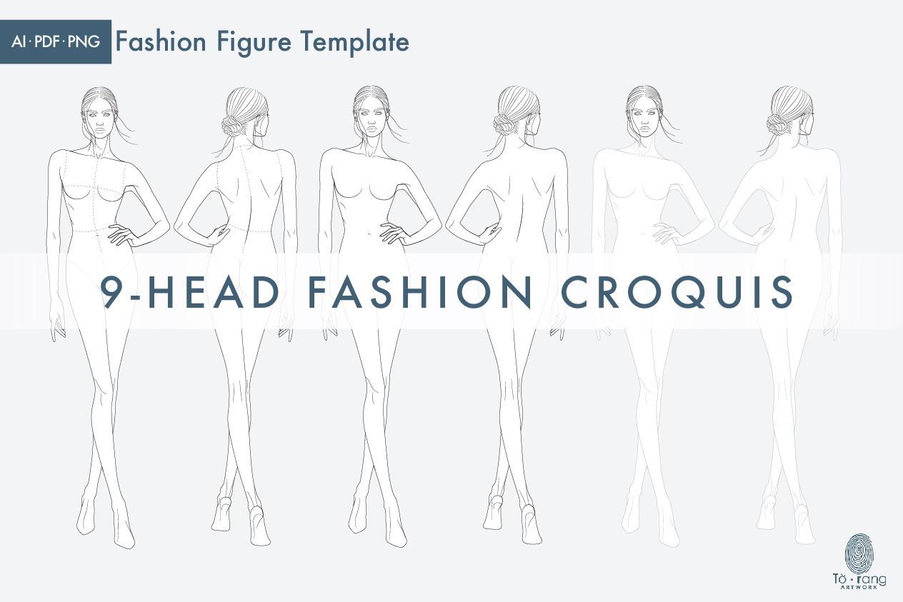 9-Head Fashion Figure Vector Template – Front & Back Views - Image 2