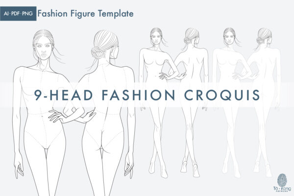 9-Head Fashion Figure Vector Template – Front & Back Views