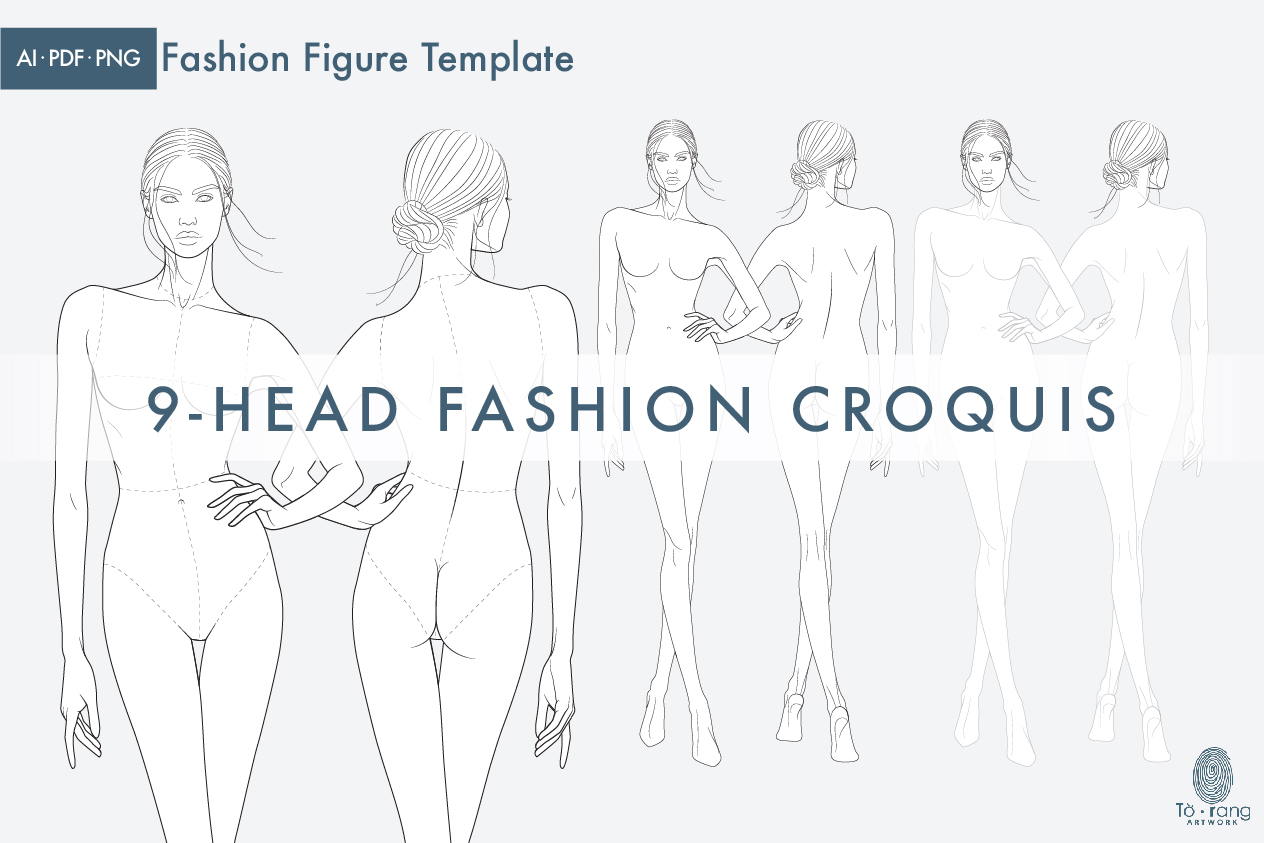 9-Head Fashion Figure Vector Template – Front & Back Views