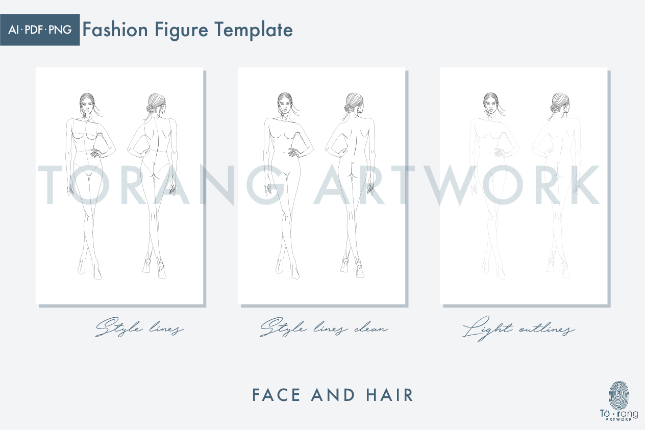 9-Head Fashion Figure Vector Template – Front & Back Views - Image 3