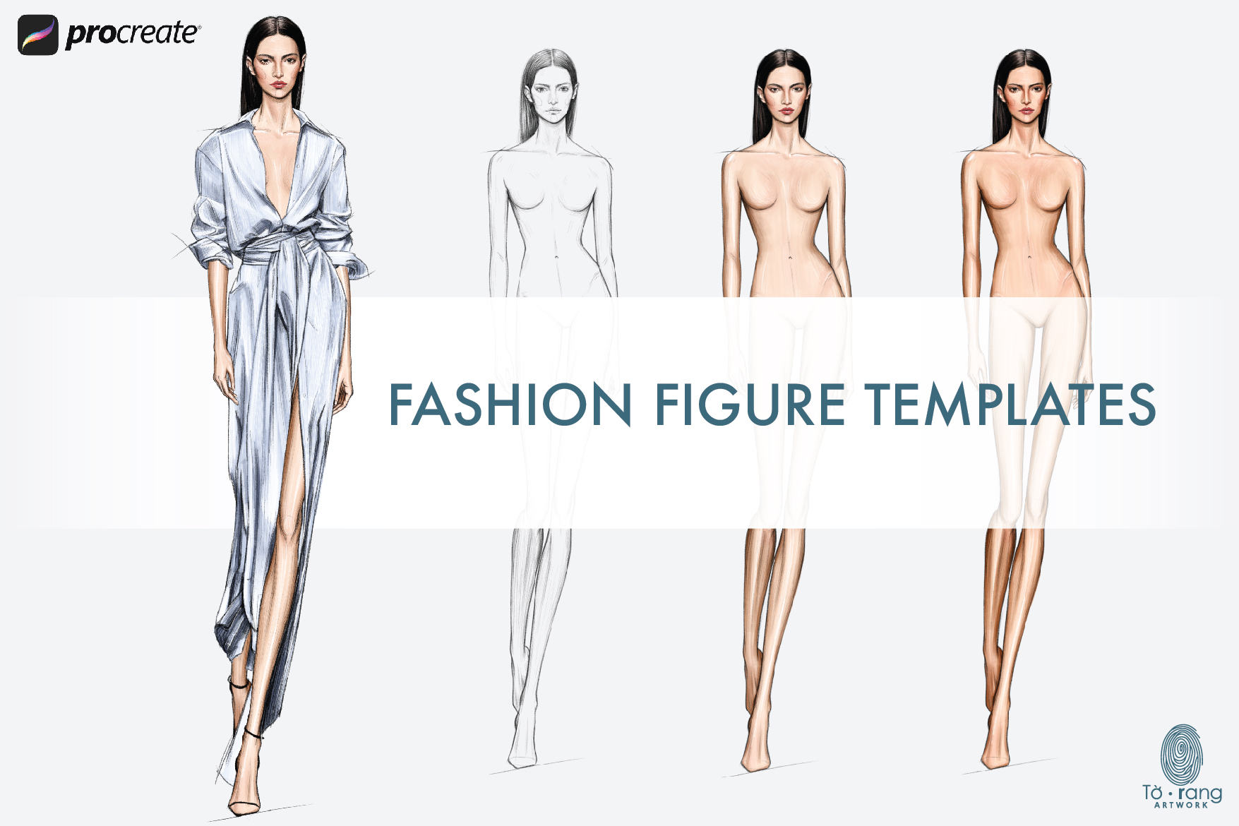 Fashion Figure Template, 10-Head Female Catwalk Pose, Pencil Sketch and Skin Tone PNGs for Procreate & Digital Fashion Illustration - Image 2