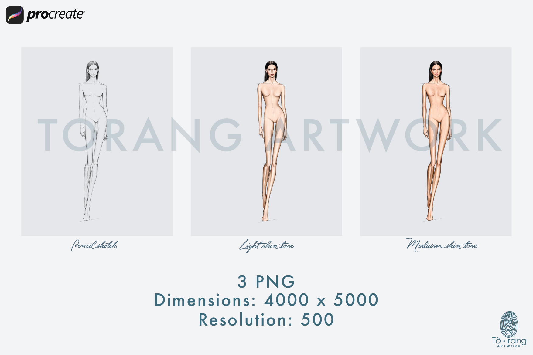 Fashion Figure Template, 10-Head Female Catwalk Pose, Pencil Sketch and Skin Tone PNGs for Procreate & Digital Fashion Illustration - Image 3