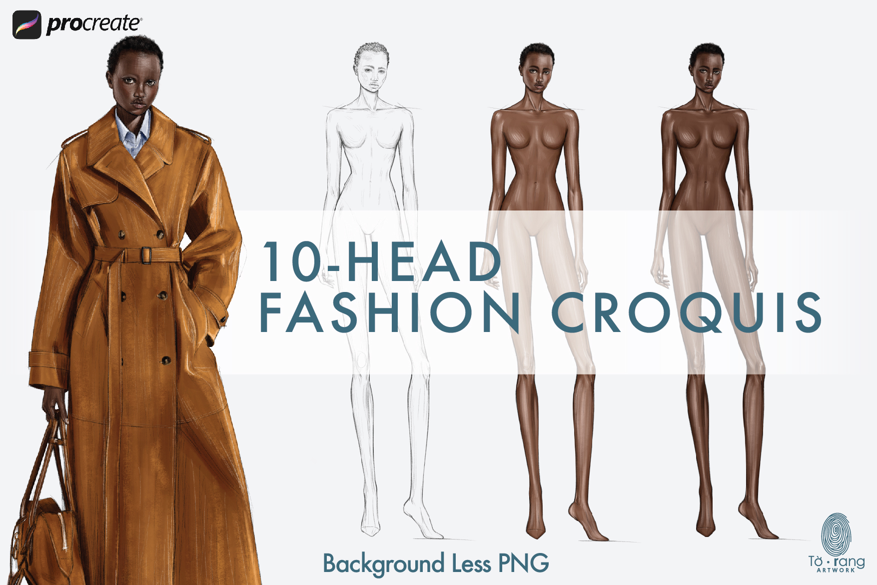 Fashion Figure Templates, 10-Head Female, Pencil Sketch and Skin Tone PNGs for Procreate & Digital Fashion Illustration - Image 2